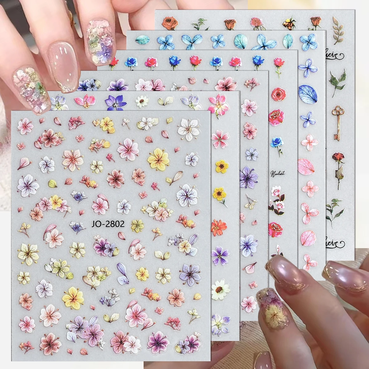 3 to 60 Sheets Floral Nail Stickers Watercolor Flower Petal Botanical Spring Garden Soft Pastel Self-Adhesive Nail Art Decals