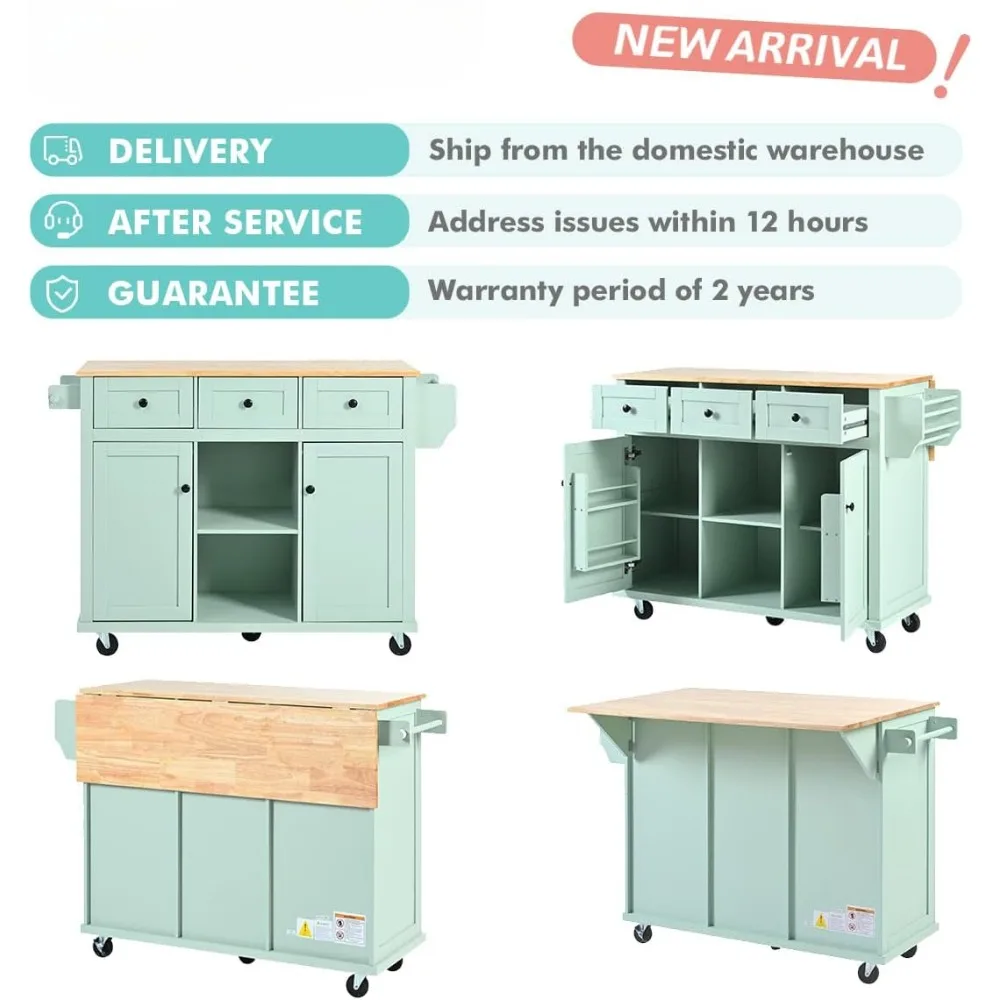 Rolling Kitchen Island with Storage,53 Inch Width, Two Door Cabinet and Three Drawers (Mint Green),Kitchen Islands & Trolleys