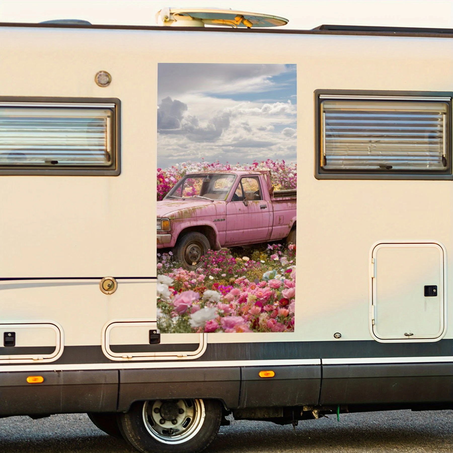 

Pink Truck in Flower Field Car Sticker,Waterproof Vinyl Decal for RV Side, Self - Adhesive Stickers to Decorate & Protect RV Bod