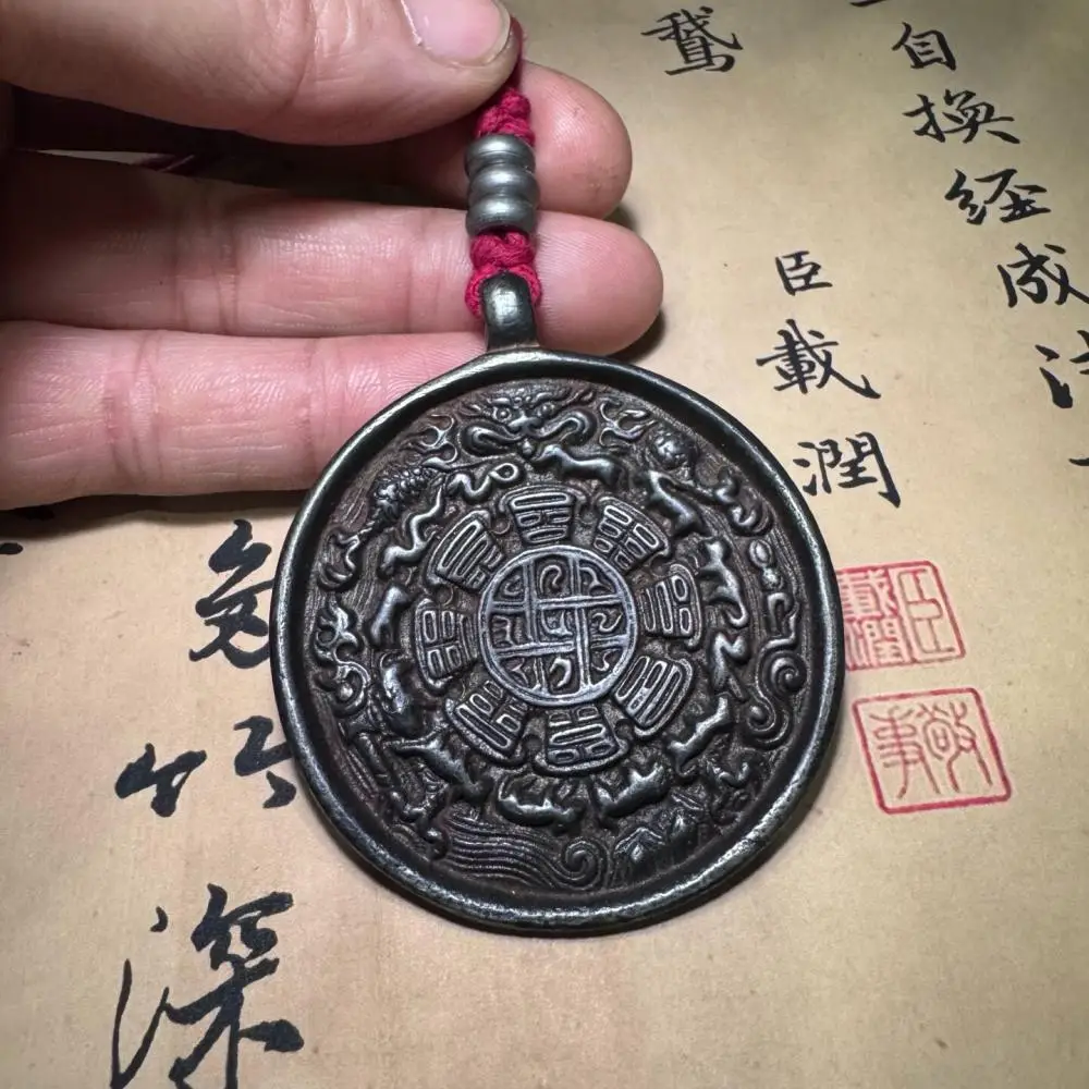 Tibetan Thokcha Nine Palaces Bagua Pendant Black Patina Iron Amulet Plaque Zodiac Protection Talisman Curio Hanging Ornament