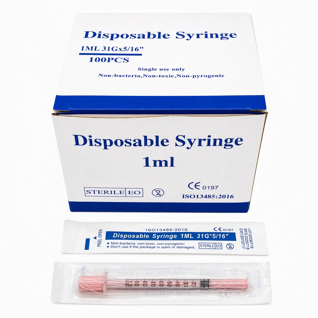 100pcs 1ml/cc 31G 8mm Plastic Manual Sterile Insulin Syringe Pink Cap with 5/16