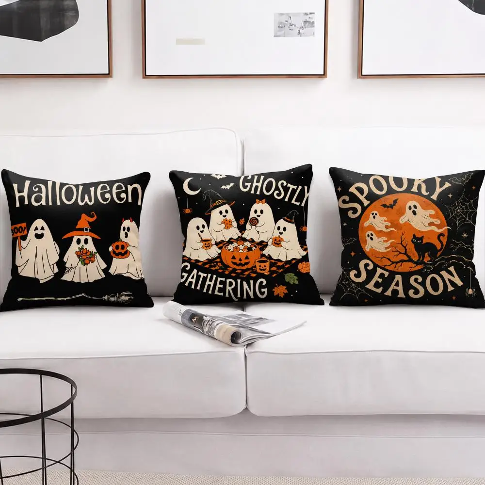 Fun Trick Or Treat Doodle Cushion Cover Short Plush Soft Double-Sided Printing Pillow Case Cozy Sofa Bedroom Home Decor Gift