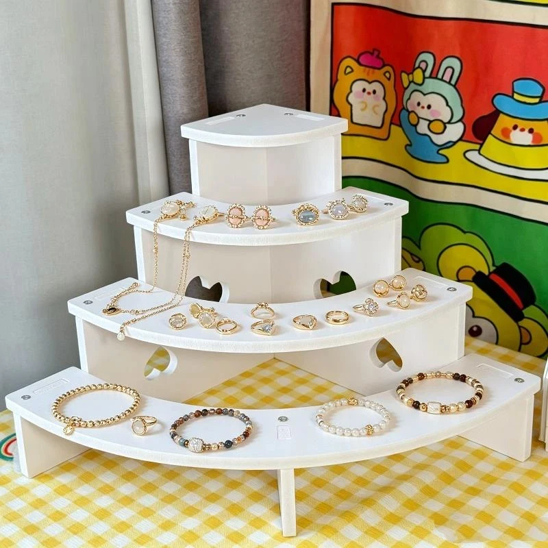 4 Tier Curved Blind Box Organizer Shelf Eco-friendly Material White Display Stand for Mini Figure Collection Desktop Use