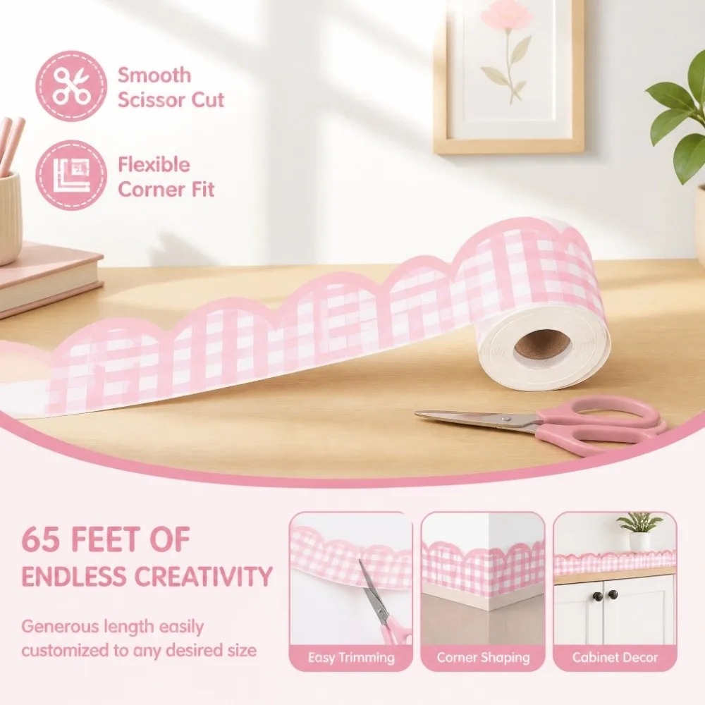 Durable Wavy Edge Masking Tape 65FT Checkered Pattern Decorative Border Tape Pink Plaid Board Border Scrapbook