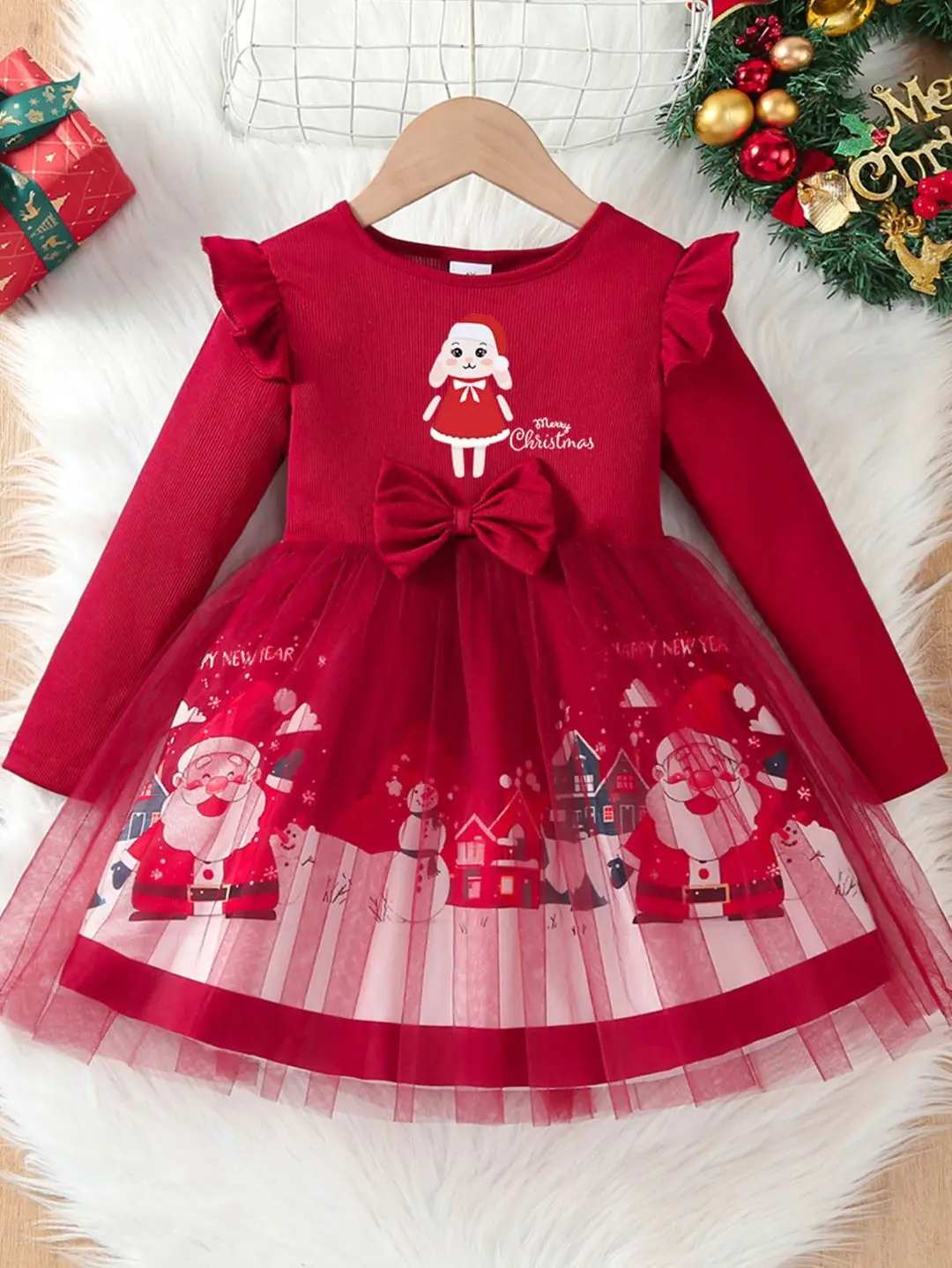 Christmas Girls Dress 2025 Autumn Winter Long Sleeve Tulle Princess Dress Santa Claus Print 4-8Y Children Party Dress