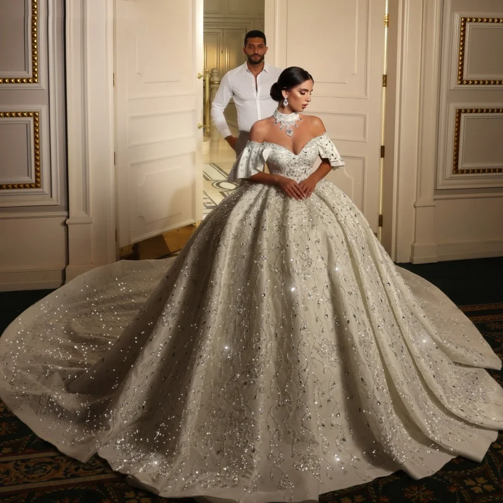 

Flavinke Customized Glitter Beaded Rhinestones Wedding Dresses 2025 Train Off The Shoulder Bridal Gown Luxury Satin Long Dresses