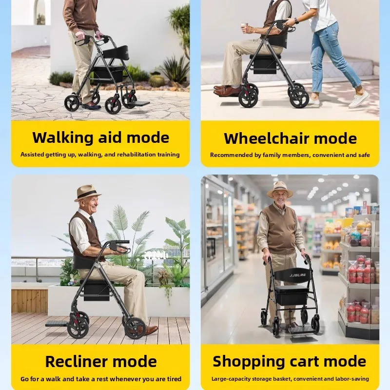 New Rollator Walkers for Seniors, Foldable Walker with Seat,  Rolling Walkers with Durable Aluminum,Transport Chair with Brakes