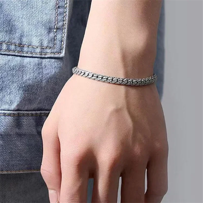 CHUANGCHENG Luxury Personality Men's Trend Retro 925 Silver Bracelet Design Simple Cuban Chain Bracelet Birthday Gift