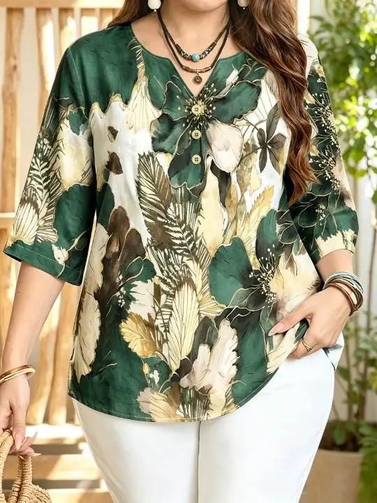 Women 3/4 Sleeve V‑Neck Blouse Button Watercolor Hydrangea Lavender Tropical Leaf Floral Print Casual Ladies Tops