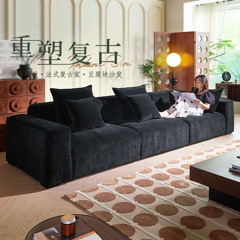 French retro tofu sofa, straight row chenille fabric Italian minimalist down small apartment living room