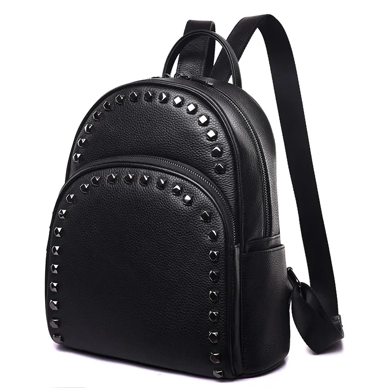 2024 New Fashion Genuine Leather Rivet Women Backpacks Luxury Brand Female Real Natural Leather Girl Student Casual Backpack