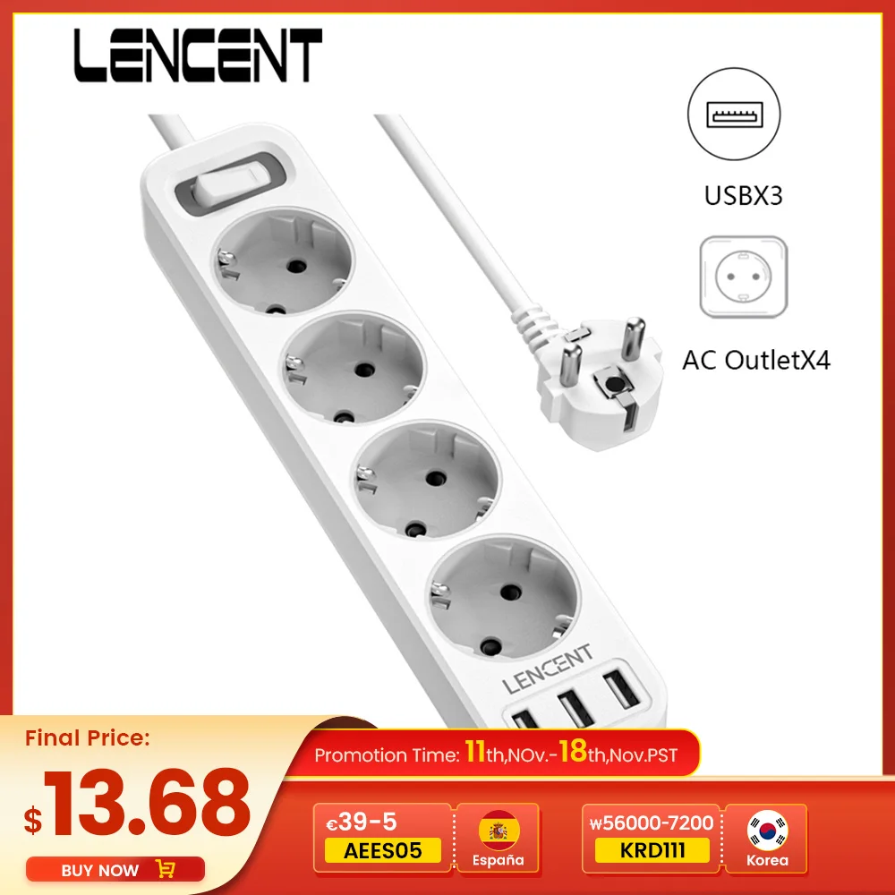 LENCENT EU Power Strip with 4 Outlets and 3 USB Ports 5V/2.4A  4000W 7 in 1 Multiple Socket with On/Off Switch 1.5M Cable Socket