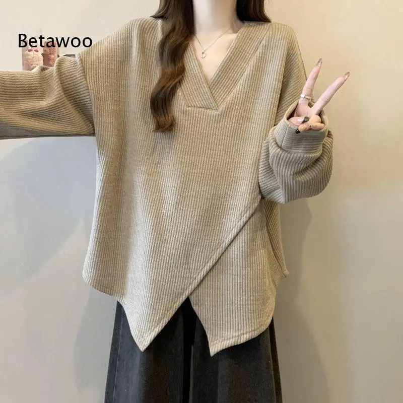 Women Ribbed Knit V Neck Long Sleeve Top Irregular Cross Wrap Hem Loose Casual Pullover Blouse for Daily Commute