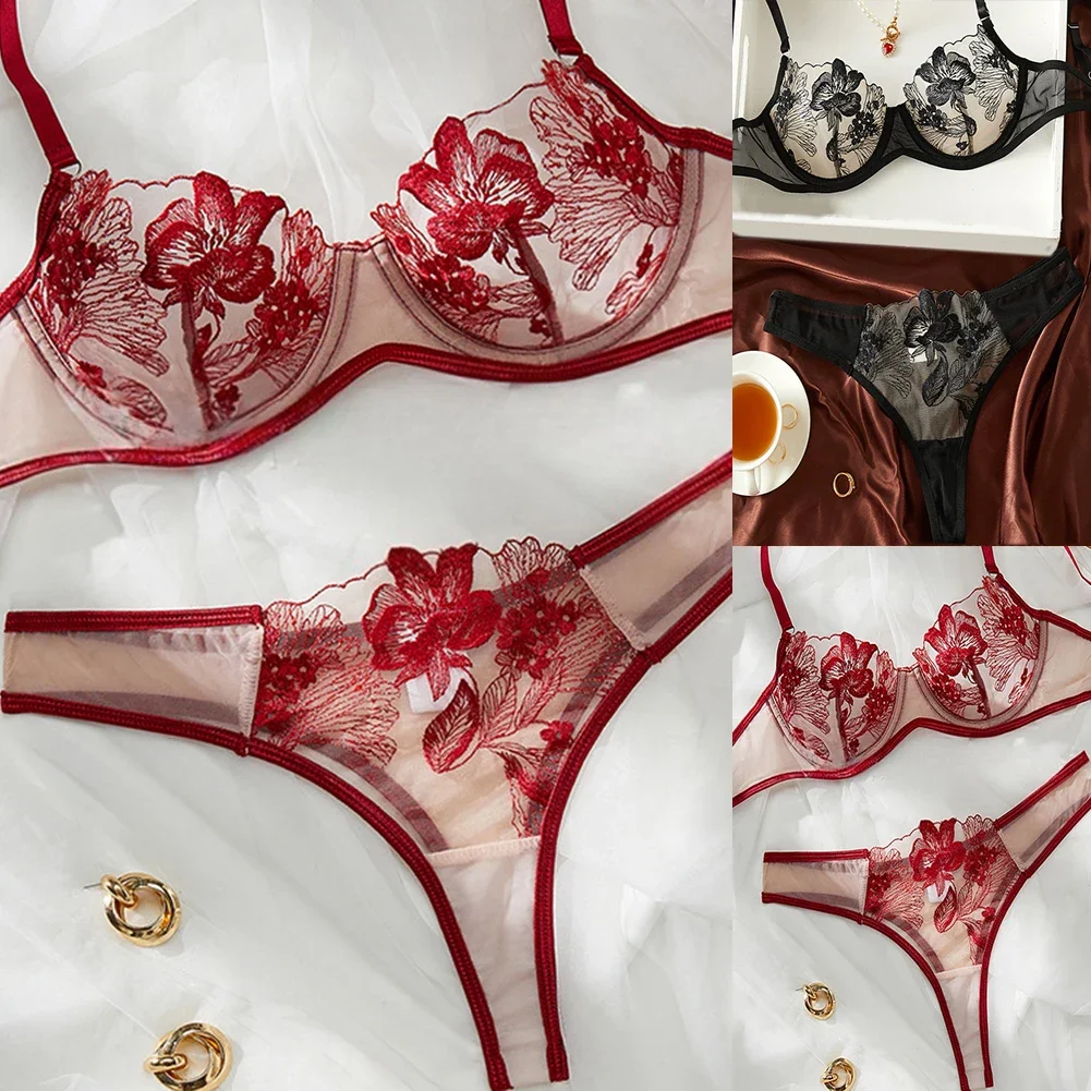المرأة الدانتيل الشفاف مجموعة الملابس الداخلية الجميلة مثير التطريز شبكة انظر على الرغم من الصدرية مجموعة الملابس الداخلية بيكيني سراويل منخفضة الارتفاع