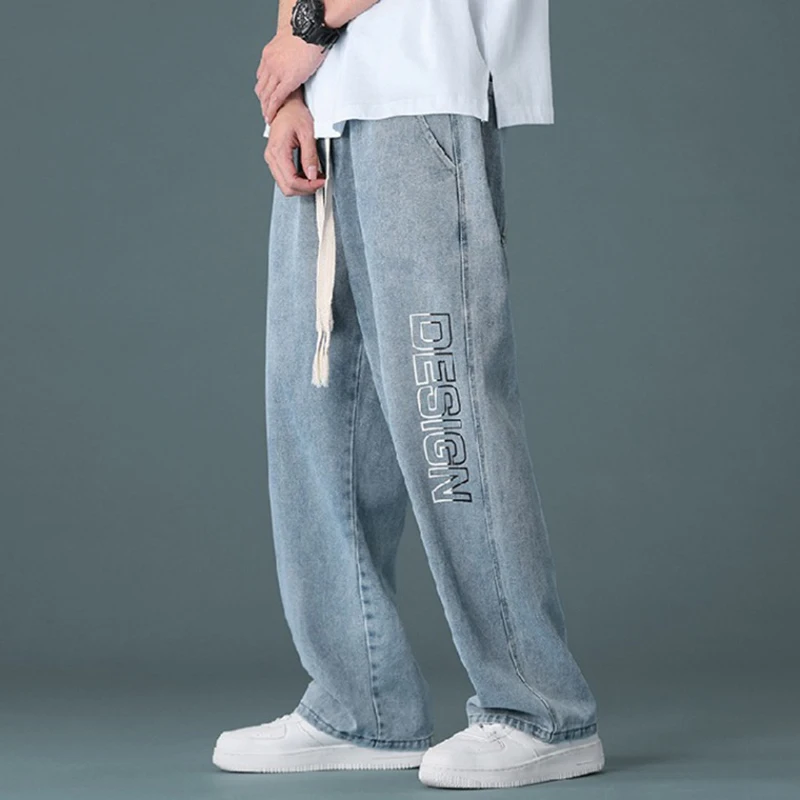 Men Classic Straight Leg Casual Jeans Male Daily Elastic Waist Wide Leg Denim Pants Chic Letter Graphic Designer Denim Trousers