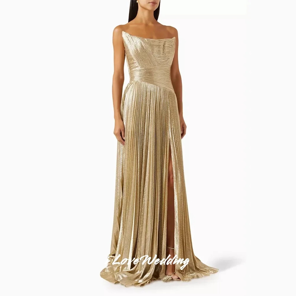 

Gold Strapless Evening Dresses 2025 Sleeveless A-Line Backless Side Split Evening Dress Pleated Wedding Party Dresses Customized