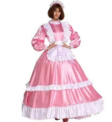 Vendita calda nuova cameriera ragazza adulto Sissy bloccabile rosa manica lunga grembiule indipendente in raso abito lungo Costume Cosplay personalizzato