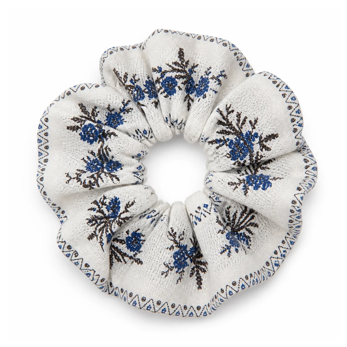 warm-ivory-deep-blue-brown-folk-floral-border-wide-ruffled-hair-scrunchie
