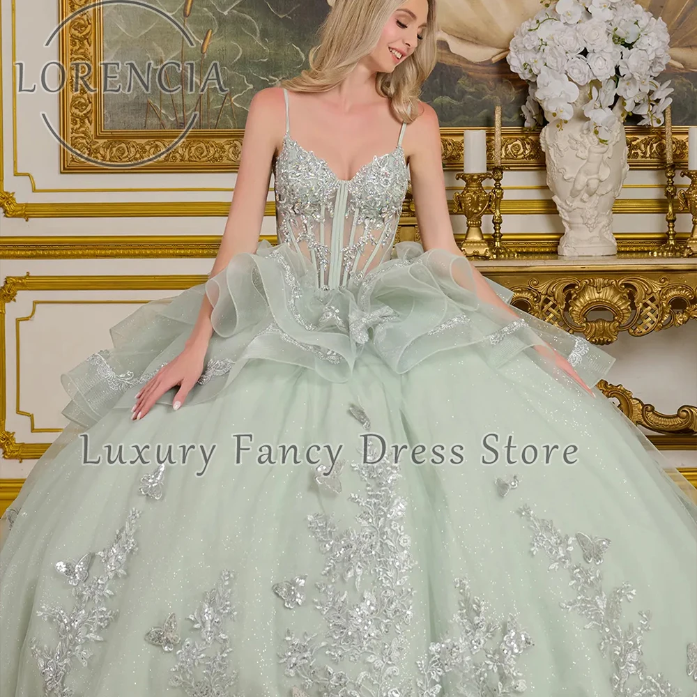 

Elegant Applique Tulle Quinceanera Dresses Spaghetti Strap Sleeveless Ball Gowns with Corset Wedding Party Gowns Customized