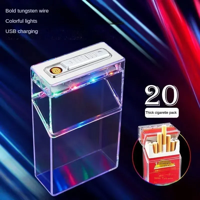 Transparent LED Lantern Cigarette Case USB Cigarette Lighter Thick Smoke Whole Pack Cigarette Case Sealed and Moisture-proof