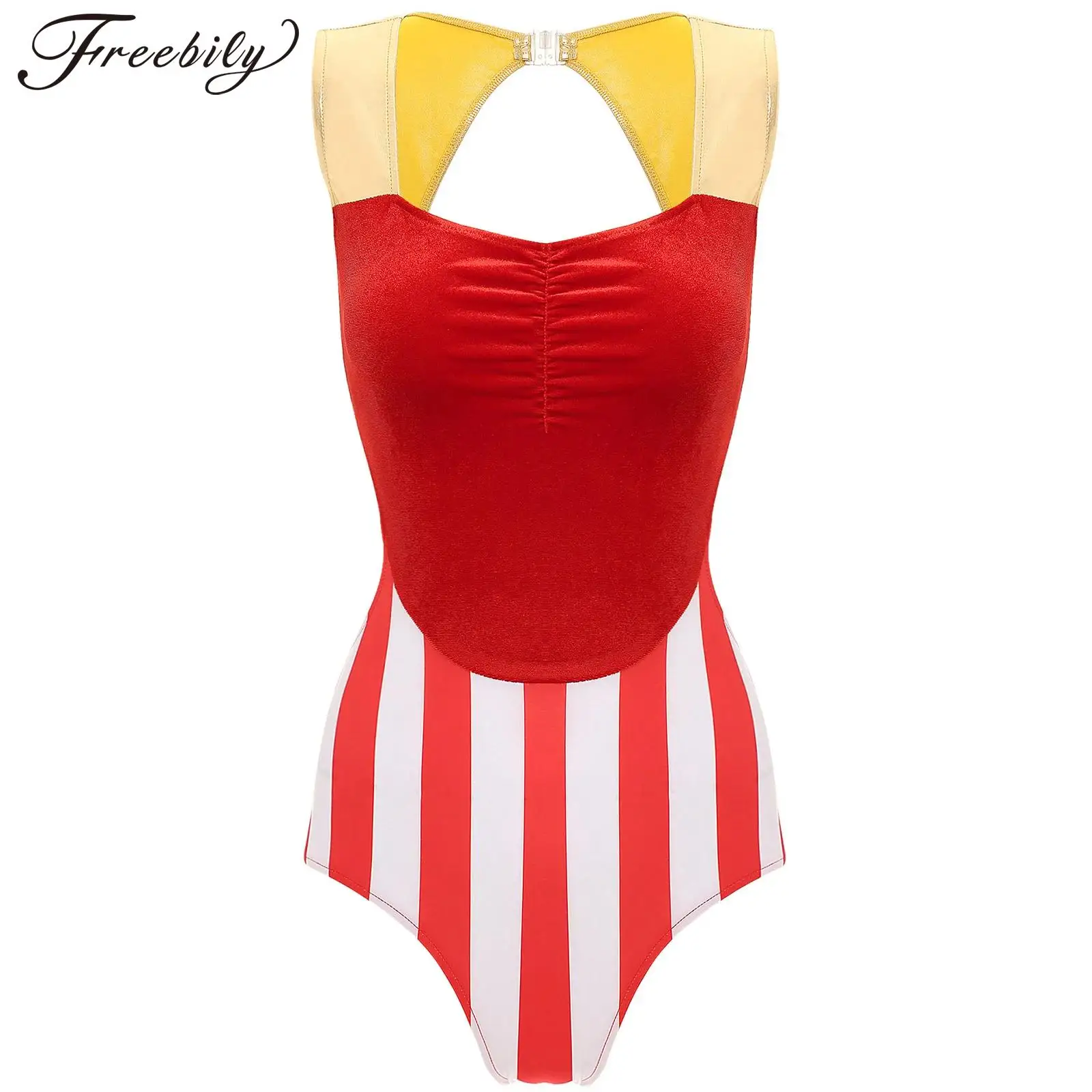 Womens Christmas Eve Candy Cane Bodysuit Sleeveless Backless Leotard Xmas New Year Party Santa Claus Cosplay Costume Clubwear