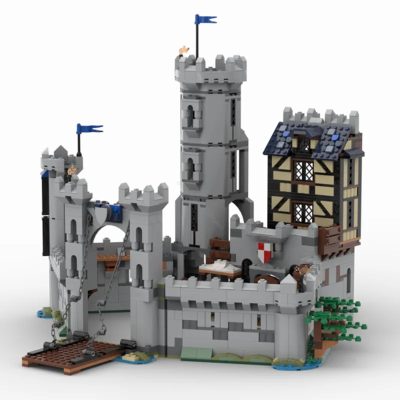 MOC-modelo de vista de calle Medieval personalizado, caballeros medievales, fortaleza, bloques de construcción, arquitectura DIY, juguetes educativos, regalos
