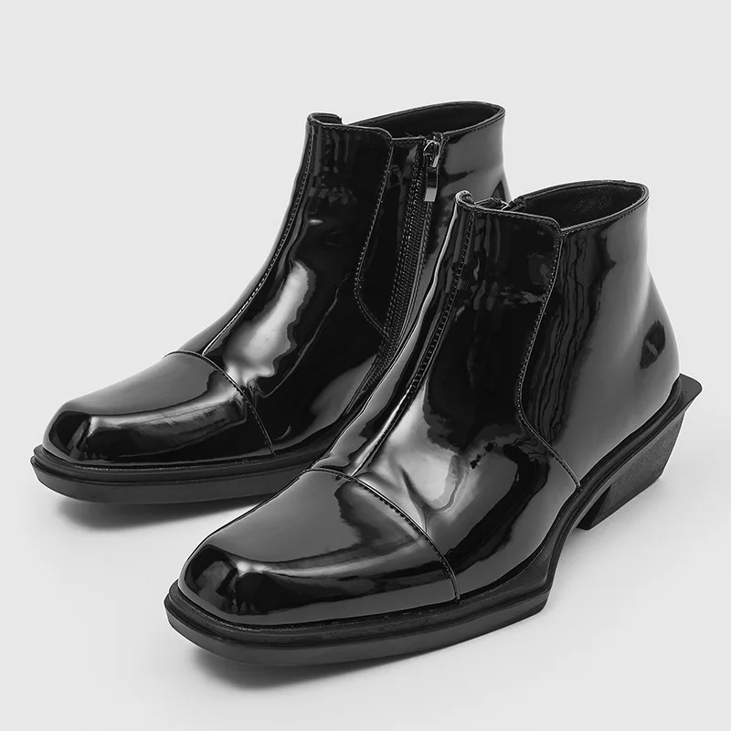 men fashion stage nightclub chelsea boots slip-on square toe shoes cowboy patent leather boot British designer ankle botas mans