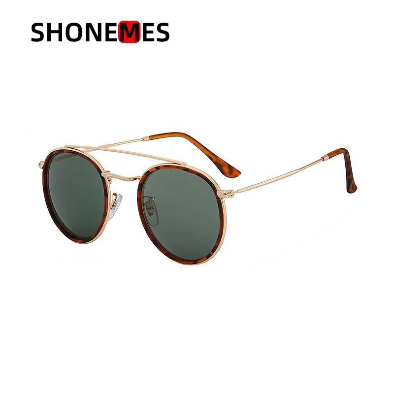 Shonemes Round Sunglasses Vintage Double Bridge Driving Shades Metal Frame Outdoor UV Protective Sun Glasses for Men Women