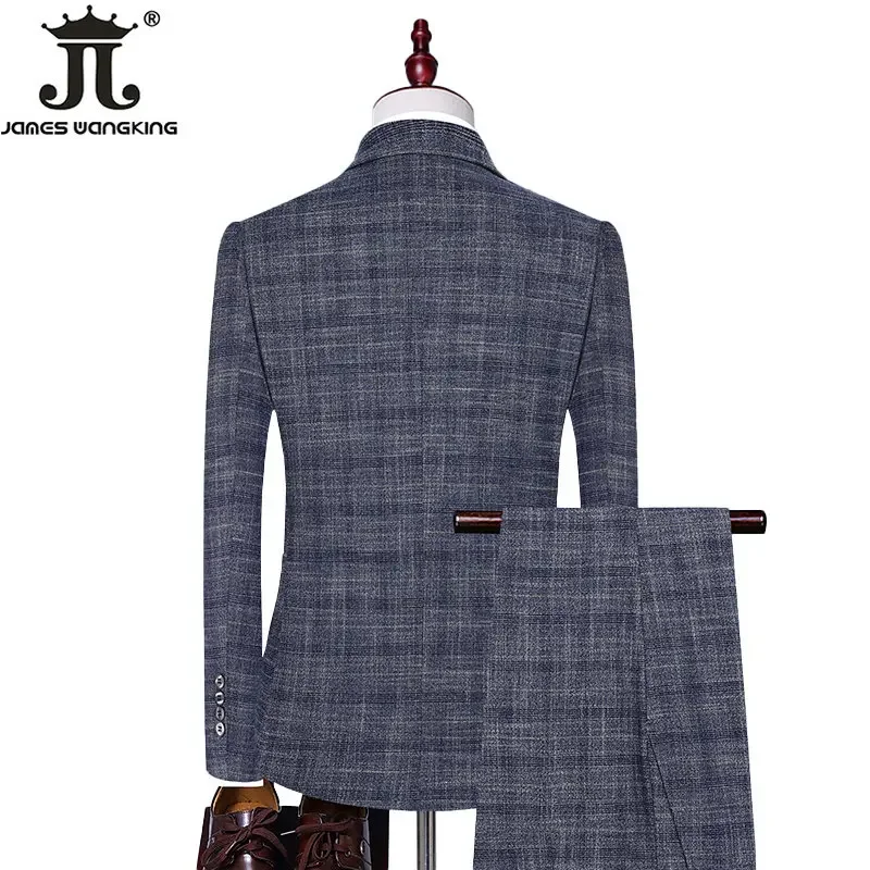 Blazer Vest Pants 3 Pcs or 2 Pcs Set Fashion Men\'s Casual Boutique Business Dress Wedding Groom Plaid Suit Coat Blazers Trousers