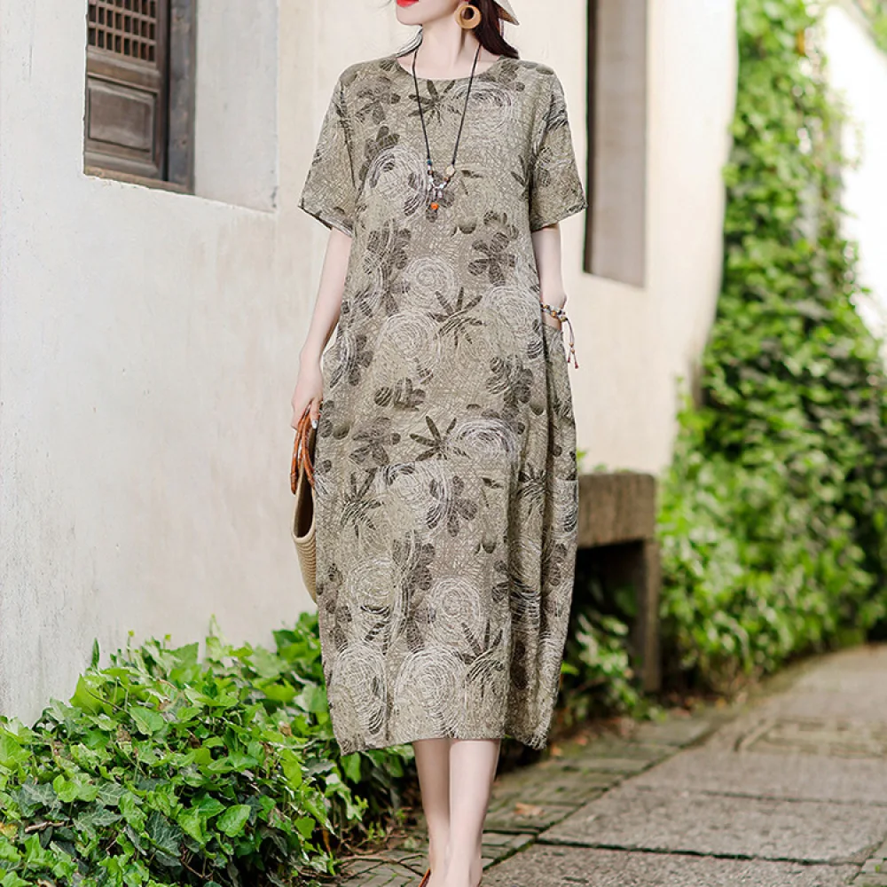 Oversized Floral Dress Women Summer Vintage Chinese Aesthetic Loose Fit Comfortable Cotton Linen Casual Daily Dresses