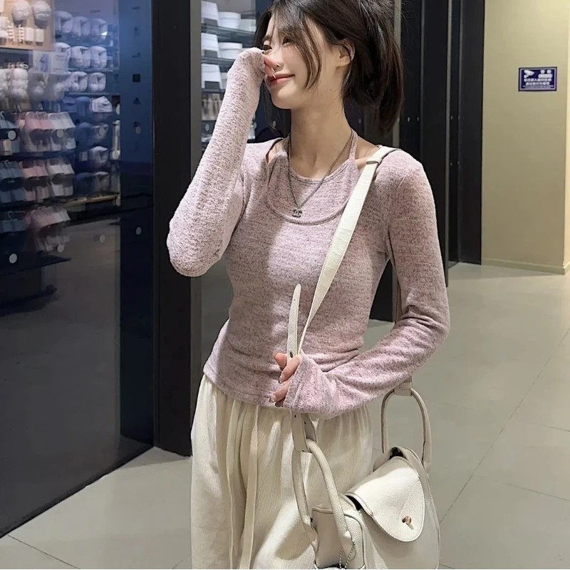 Pure Desire Gentle Long Sleeved Neck Tied Knitted Sweater Women's Fake Two Pieces Inner Layer Base Layer Tea Inside Tea