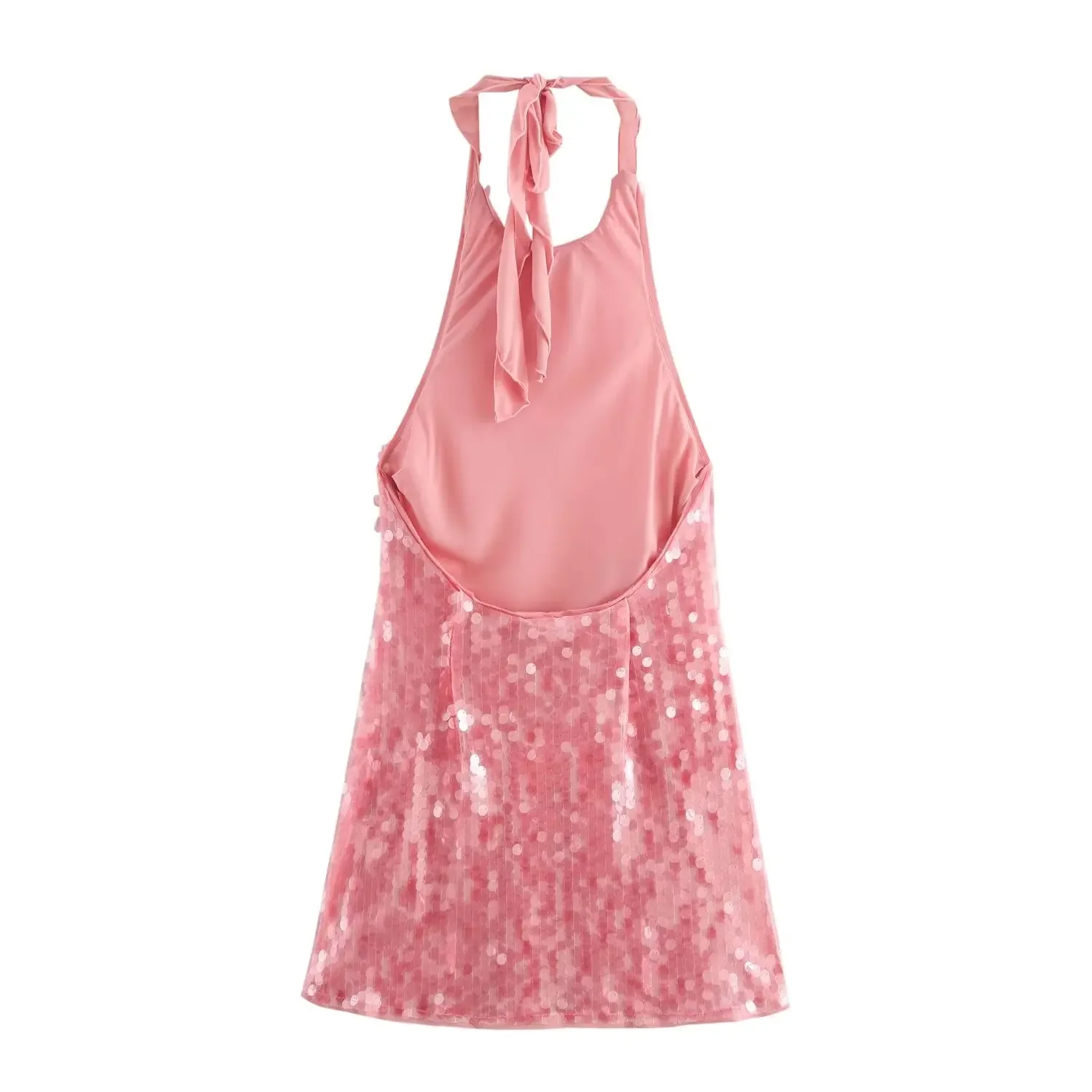 Nuevo Mini vestidos rosas de lentejuelas para mujer, vestido Sexy con espalda descubierta y cuello Halter, vestidos de noche de lujo para mujer, vestido de malla semitransparente