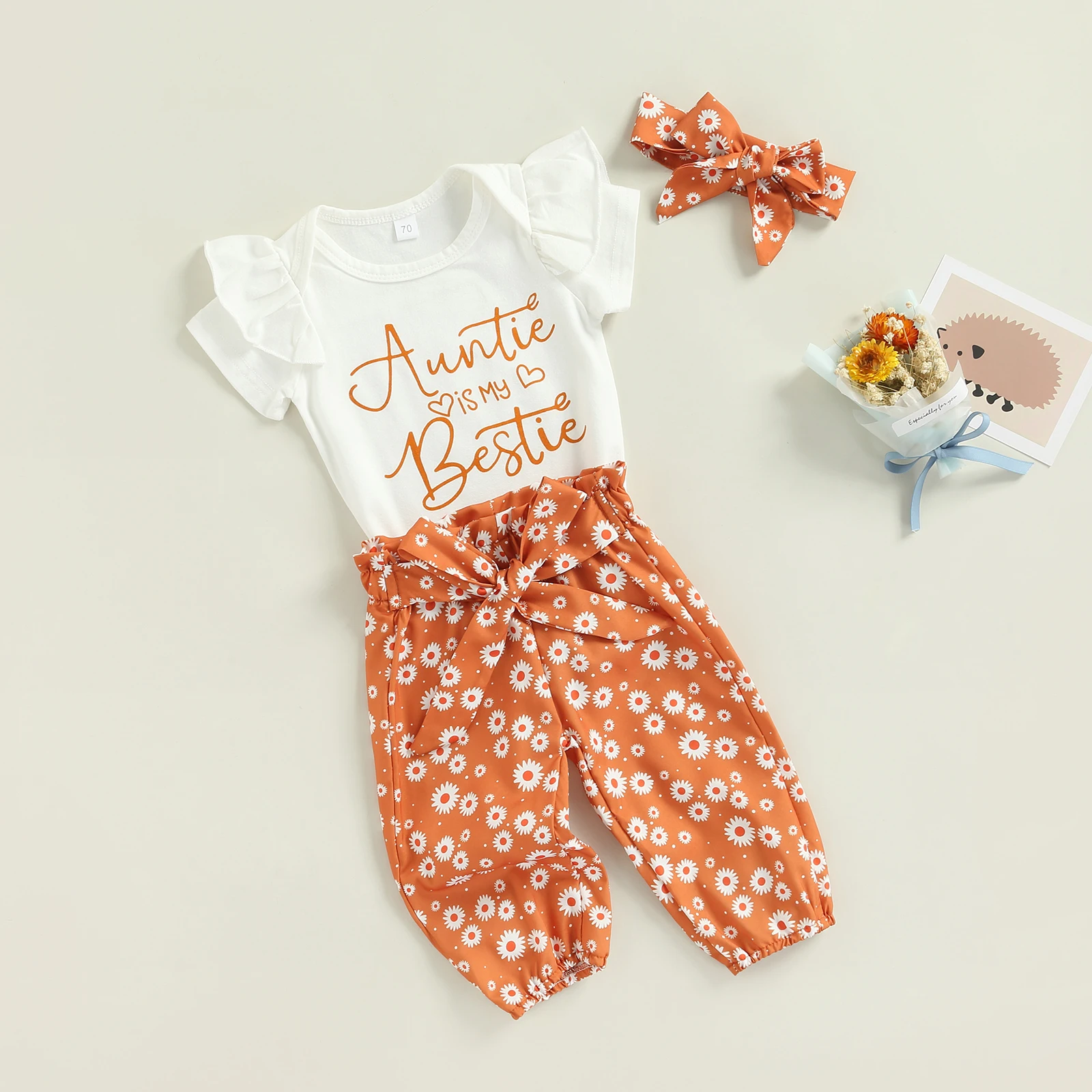 Lioraitiin 0-18M 3Pcs Summer Letter Ruffles Hem Bodysuit Tops+Lace-Up Bandage Floral Pants+Headdress Beach Boho Suit