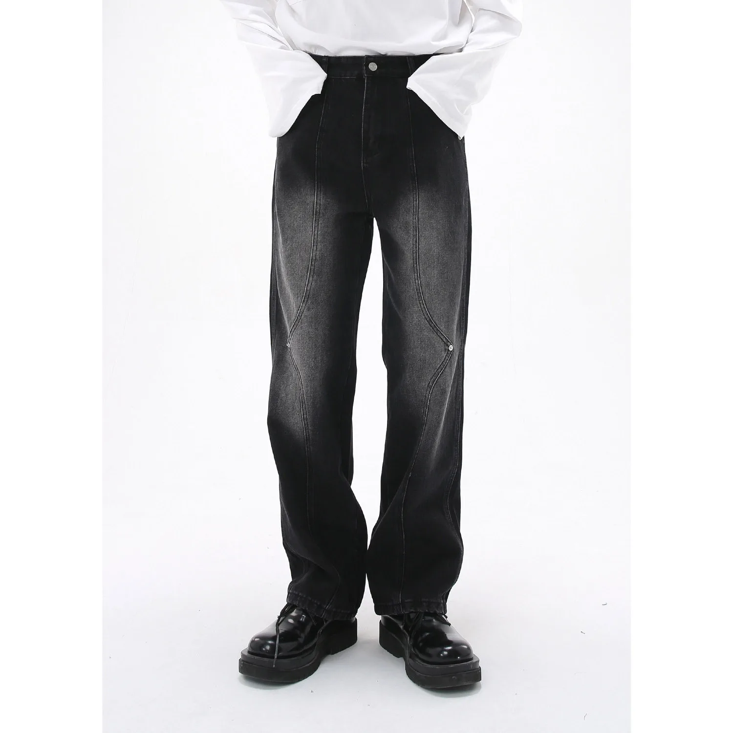 Korean version irregular design straight jeans male Korean version trendy brand retro straight casual trousers tide