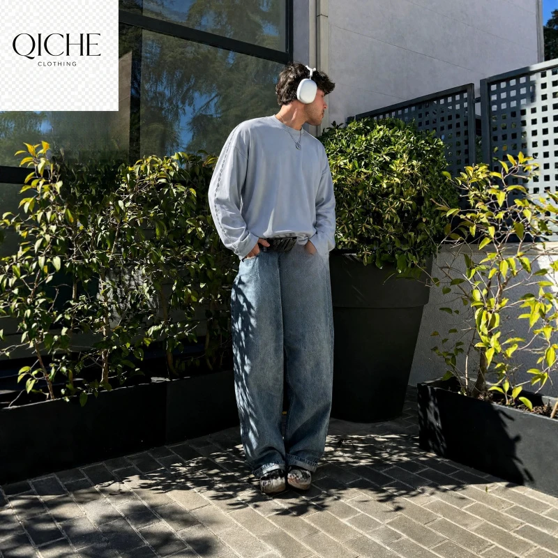 QICHE 2026 Autumn Winter Long Sleeve Top Men High Stretch Oversized Solid T-Shirt Stitch Decor Casual Shirt