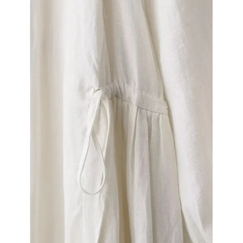 فستان قميص كيمونو من القطن والكتان فضفاض للسيدات مع زخرفة برباط وأكمام طويلة على طراز رداء كاجوال عصري