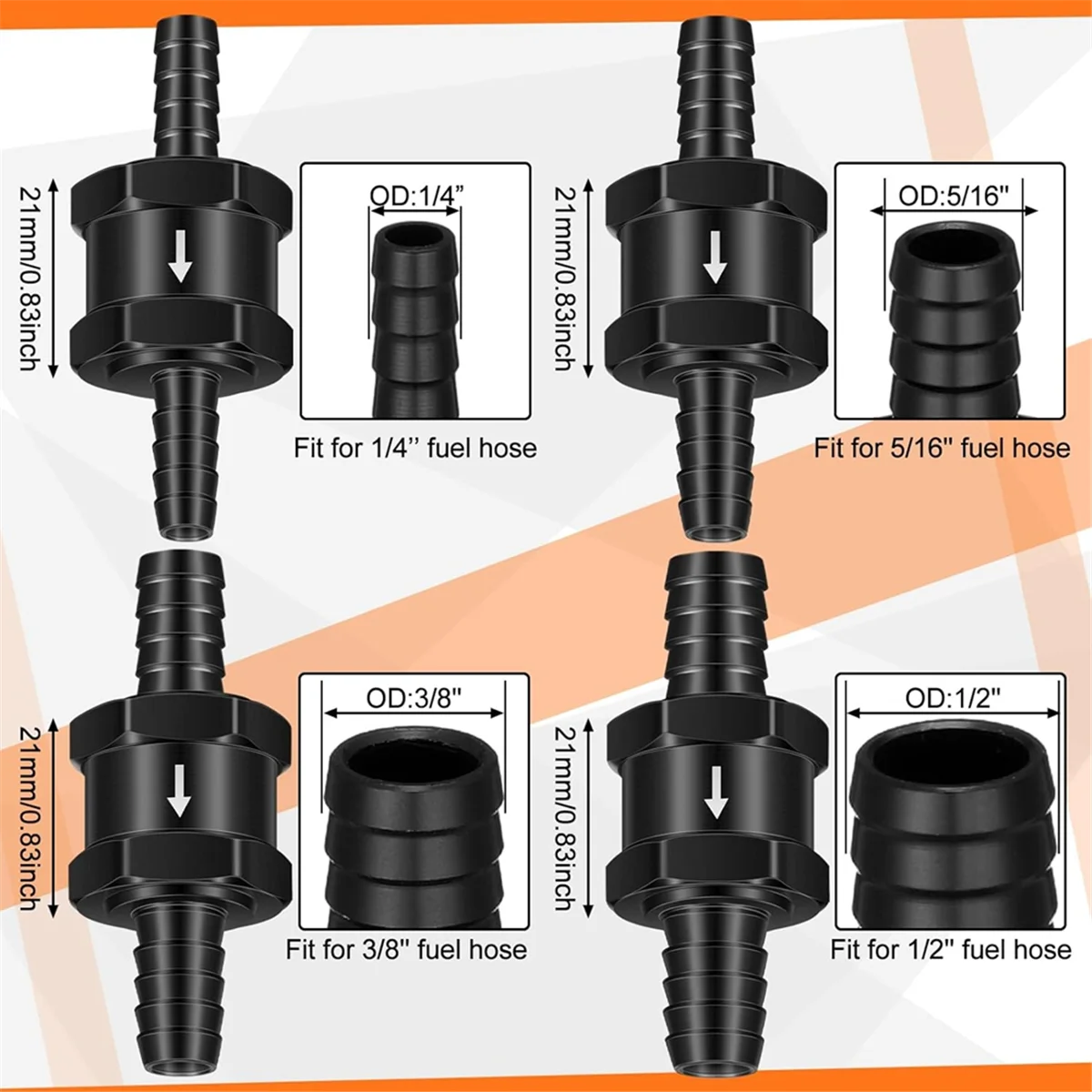 ABKO-1/4 pollici 5/16 pollici 3/8 pollici 1/2 pollice Valvola di ritegno unidirezionale in linea senza ritorno carburante adatta per benzina (4 pezzi neri)