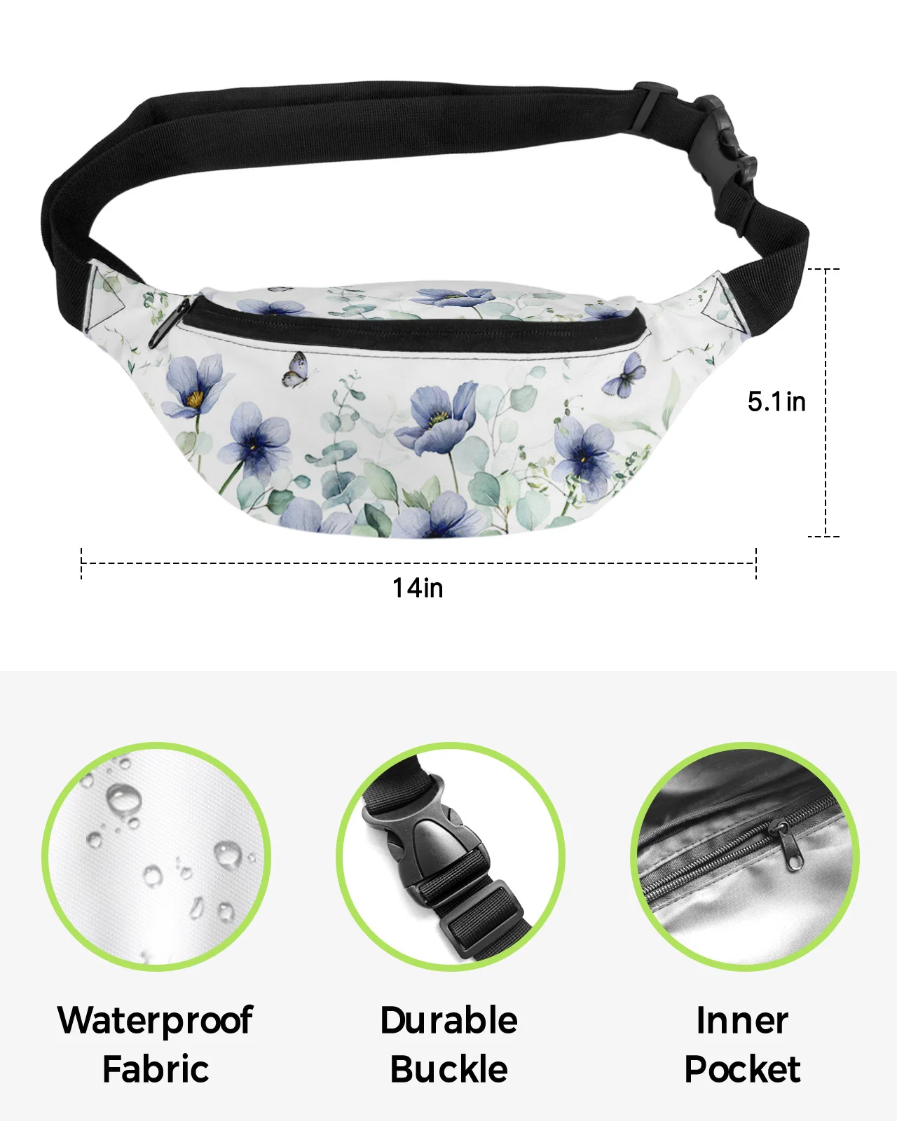 Eucalyptus Blue Tulip Butterfly Flower Daisy Leaf Men Women Waist Bag Fanny Pack Belt Bag Wallet Waterproof Banana Hip Bags