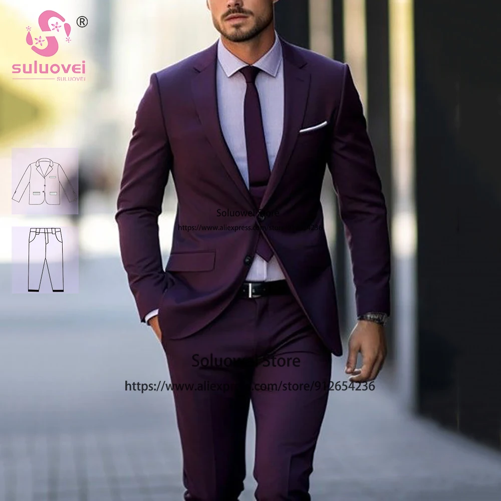 

Fashion Purple Slim Fit Suits For Men Elegant 2 Piece Jacket Pants Set Formal Groom Wedding Prom Tuxedo Traje De Hombre Elegante