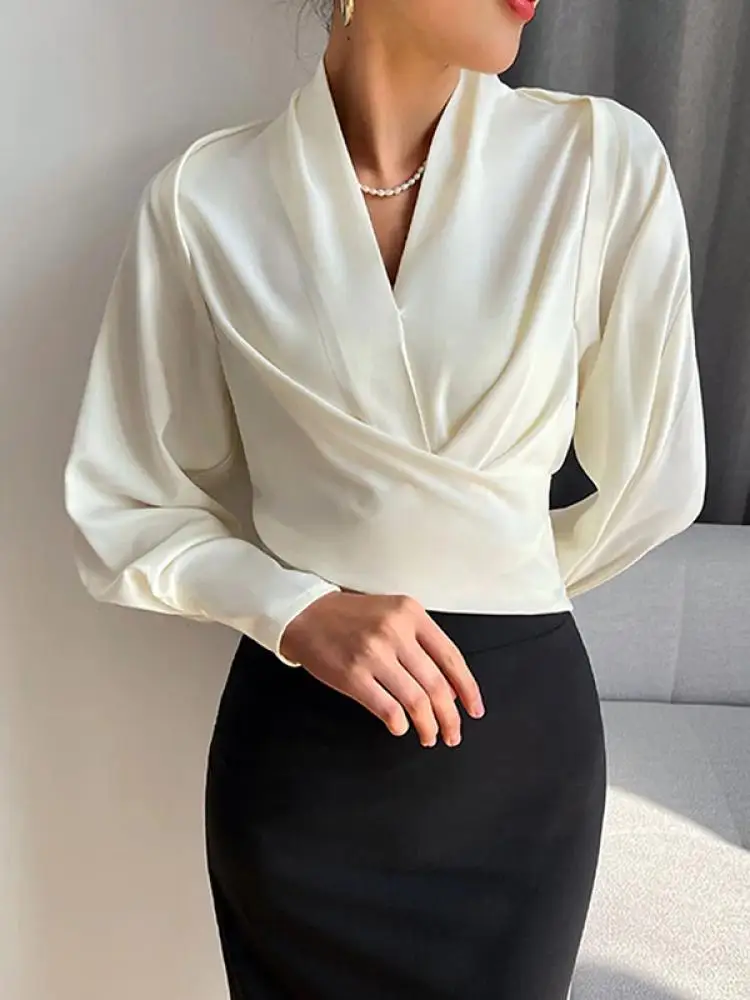 Krismile Spring Long Sleeves Casual Office Shirts Tops Formal Urban Solid Color Zipper V-Neck Pleated Blouses For Women