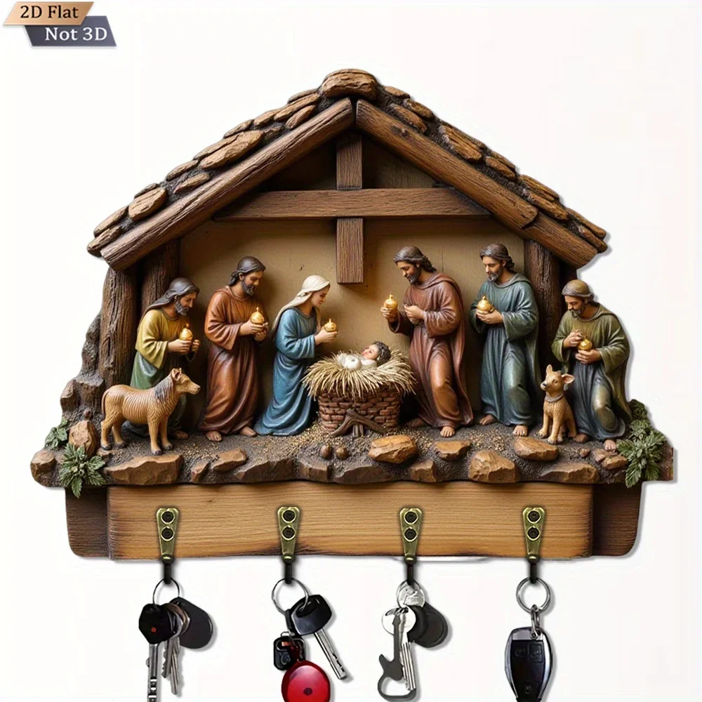 2D Flat, 1pc, Christmas Nativity scene style wooden multifunctional home Key hook with Keychain, with four metal hooks, wall