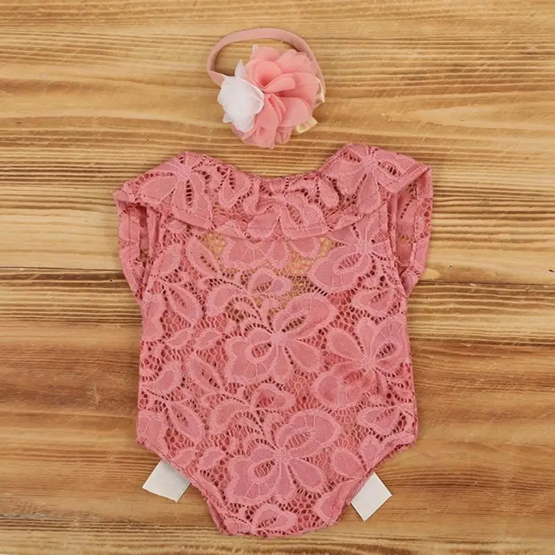 45BF Baby Bow Lace Romper Headband Set Newborn Photography Props Bodysuit Jumpsuit with Flower Hair Band Infants Fotografie