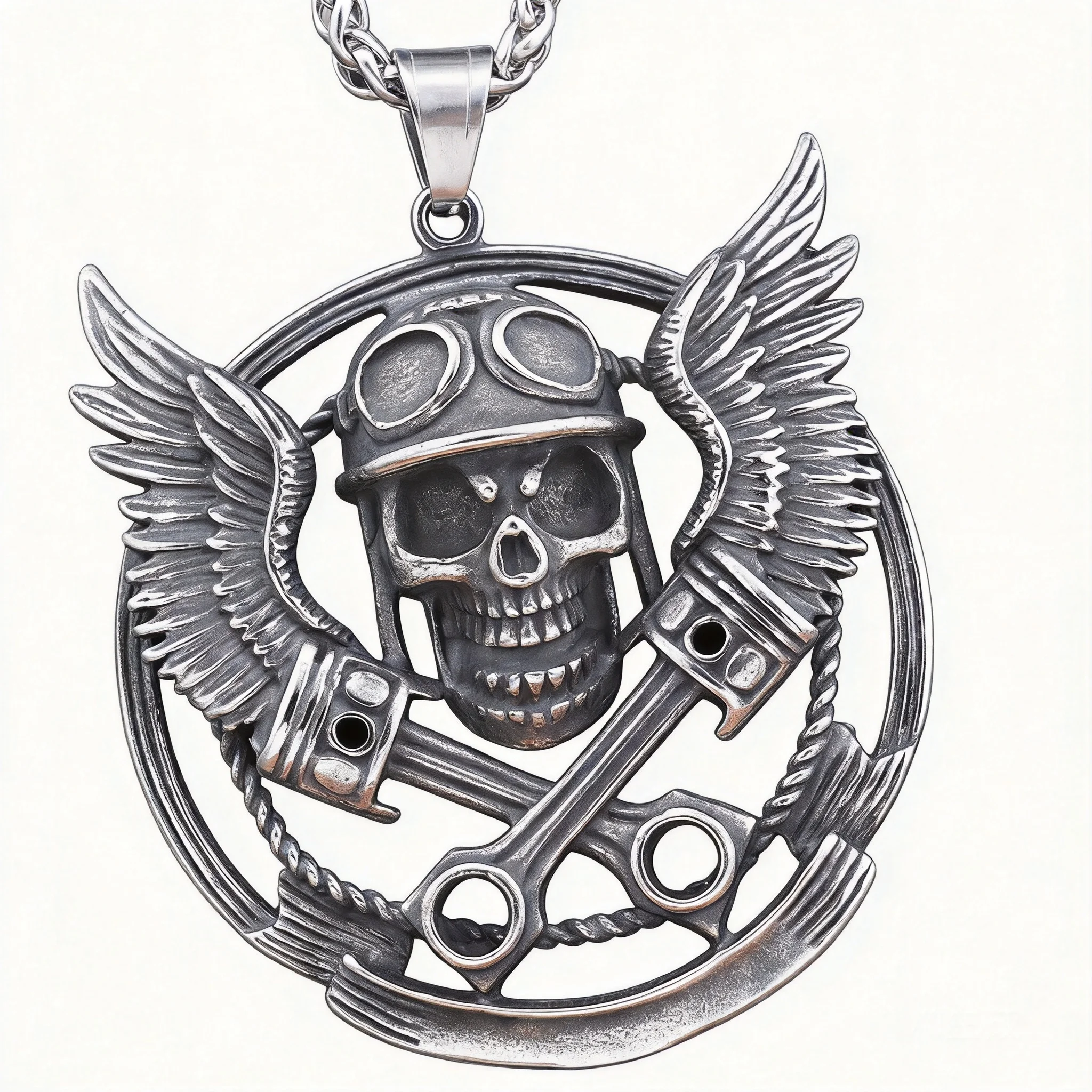 Snop Titanium Steel Biker Skull With Helmet Goggles Wings Crossed Pistons Pendant Necklace Punk Motorcycle Rider Lucky Jewelry