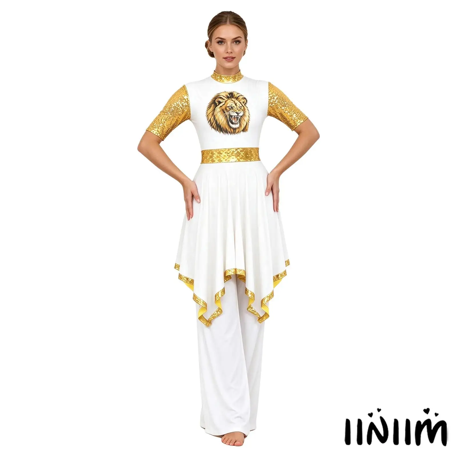 Liturgical Praise Dance Dress for Women Short Sleeve Sequin Lion Print Glittery Metallic Trim Irregular Hem Dress Choir Gown