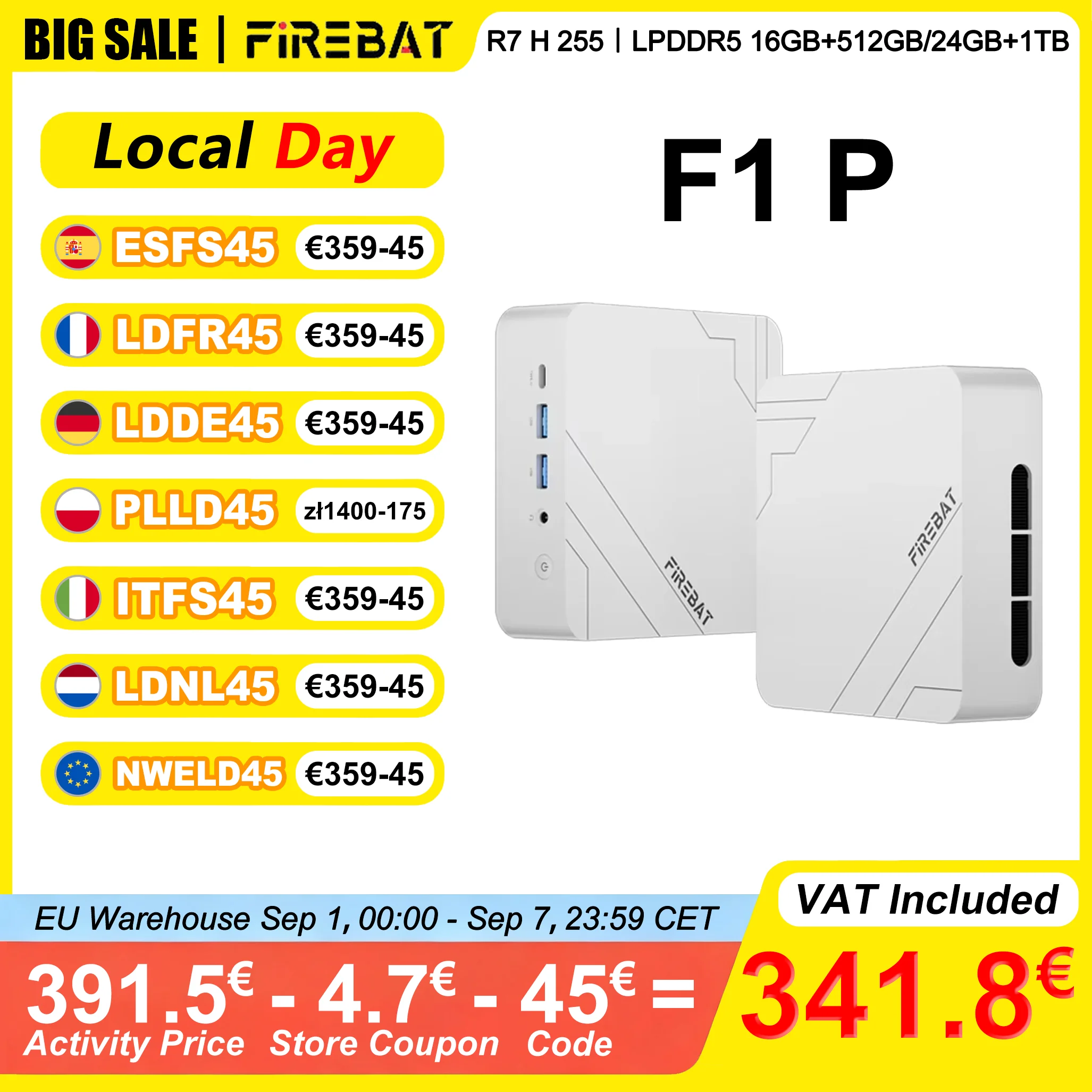 Image of FIREBAT F1 P Mini-PC 16GB/24GB LPDDR5 5600MHz 512GB/1TB SSD AMD Ryzen 7 H 255 Win11 Pro Wi-Fi 6 BT5.2 USB4.0 Gaming Desktop Mini-Computer