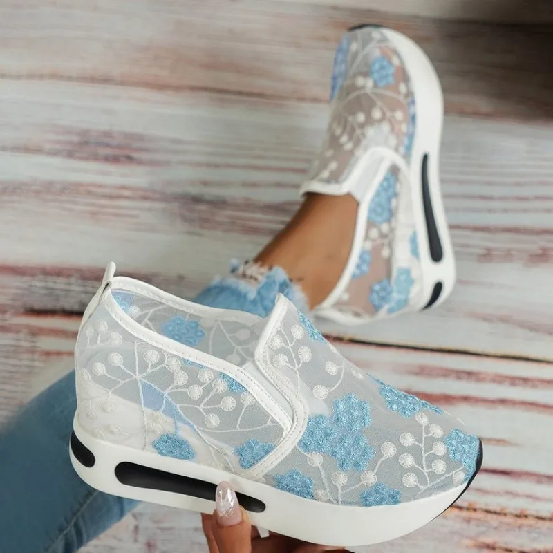 Women's Platform Sneakers Round Toe Slip-On Shoes Floral Embroidery Sheer Mesh-Look Upper Casual Everyday Walking Footwear Style