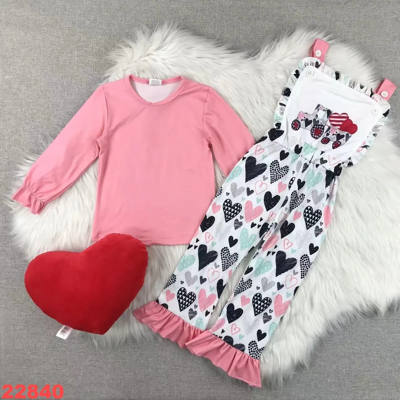 Overalls Sets Valentine's day girl baby long Sets top and pants childrens love romantic clothes love suit