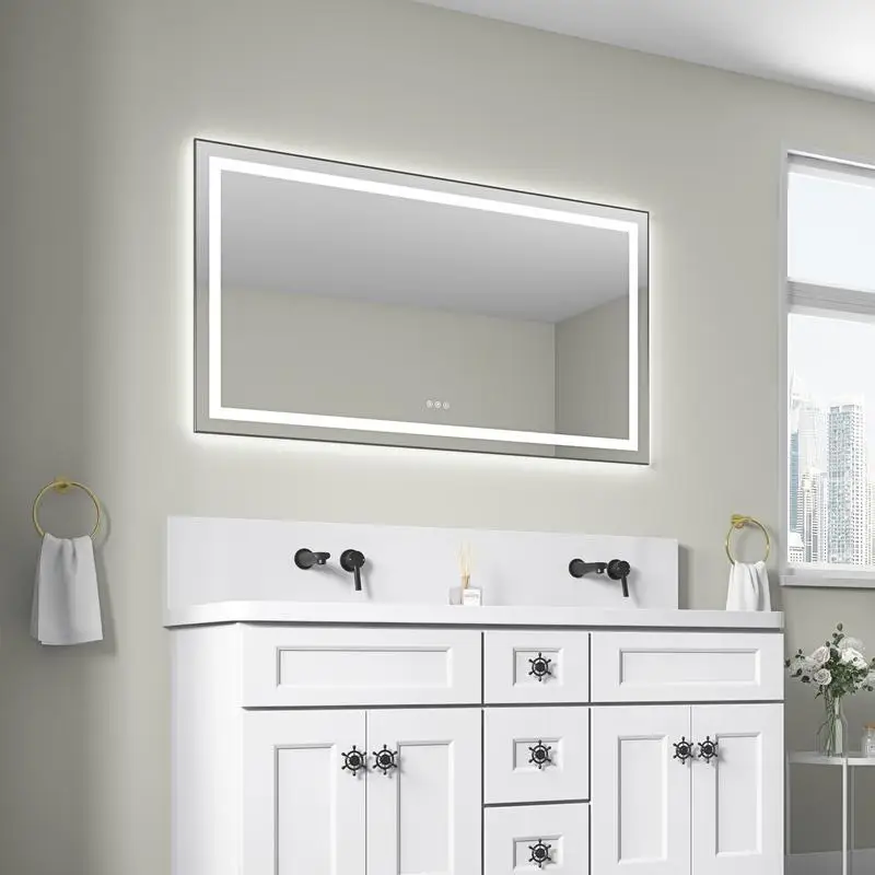 

55 x 30 Inch LED Bath Mirror with Backlight, Wall-Mount Vanity Mirror, Aluminum Frame, Anti-Fog, Memory Function, 3 Color