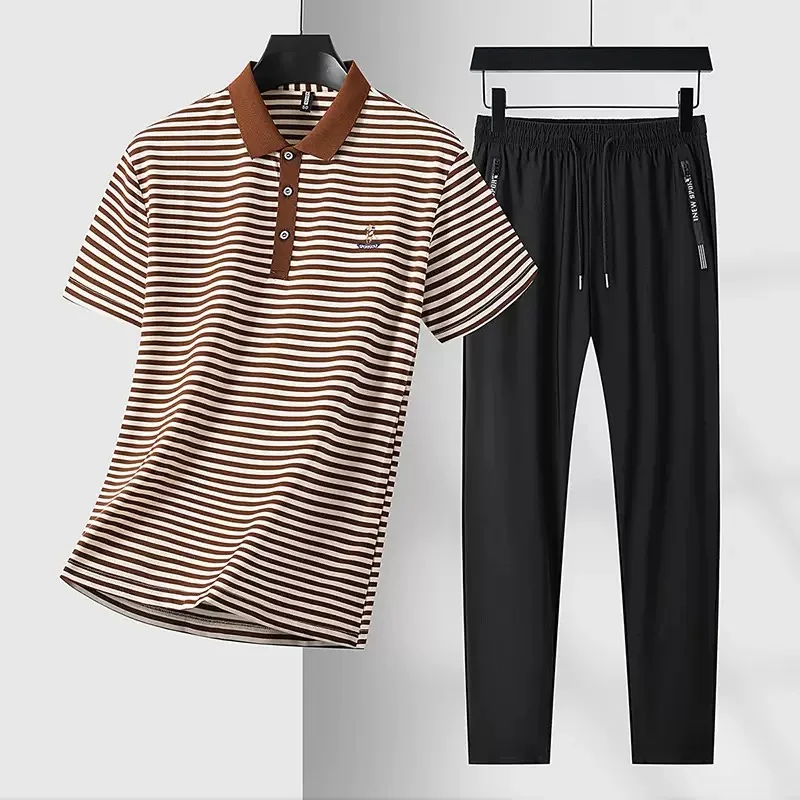 

Summer New Fashion Trend Breathable Striped Sport T-Shirt Set for Men Casual Loose Oversized High-Quality Two-Piece Set