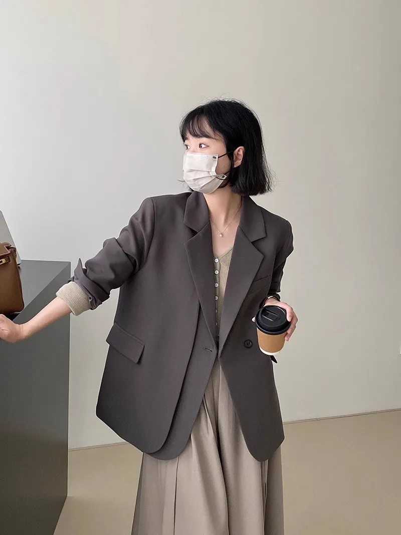 

Women Blazer Green Oversize Korean Chic Spring Fashionable Stand Pad Street One Button Capable Commuting Blue High Classic